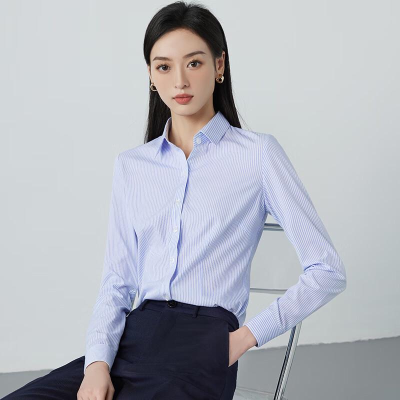 Teluoman Women's Elastic Wrinkle-Free Blue Stripe Office Blouse