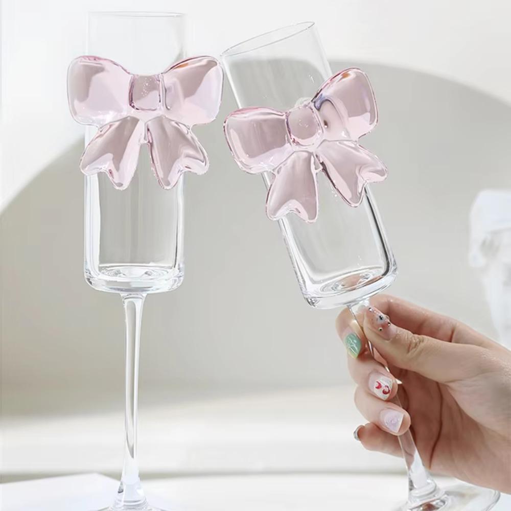 2pcs Clear Champagne Flutes 3D Bow Goblet Unique Drinking Glasses  Party Supplies