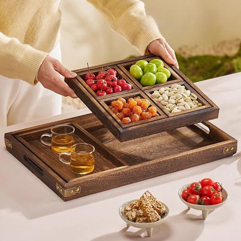 GIANXI Dry Fruit Tray Afternoon Tea Tray Snack Fruit Tray multi-lattice Tea Tray Stove Side Tea Chinese Wooden Tray