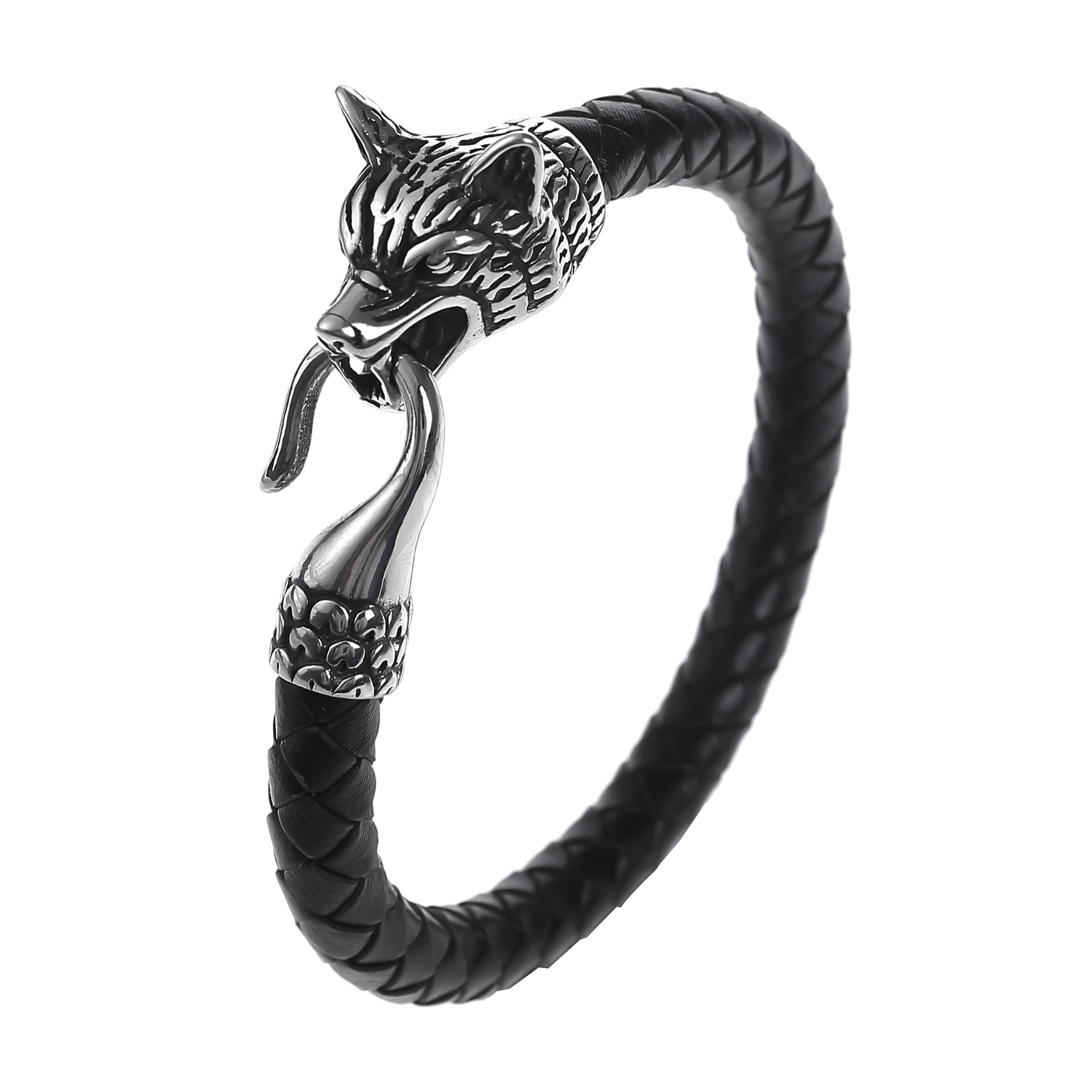 

Мужской браслет из нержавеющей стали с головой волка викингов из натуральной кожи, браслет с головой волка Одина, ювелирные изделия 21CM