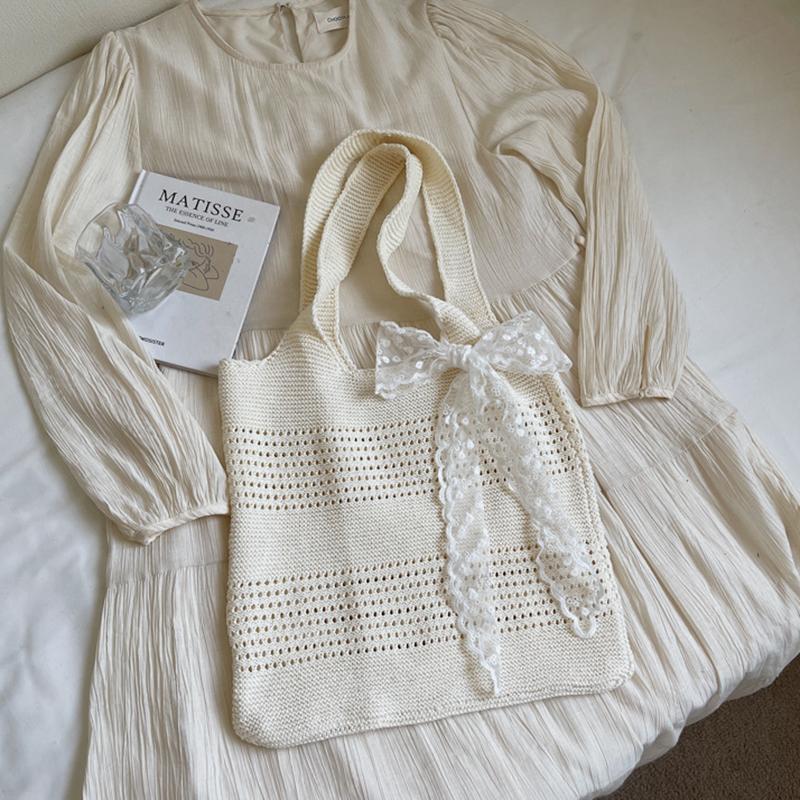 Yogodlns Summer Beach Tote Bag Women New Fashion Hollow Out Weave Shoulder Bags Female Lace Decorate Handbags