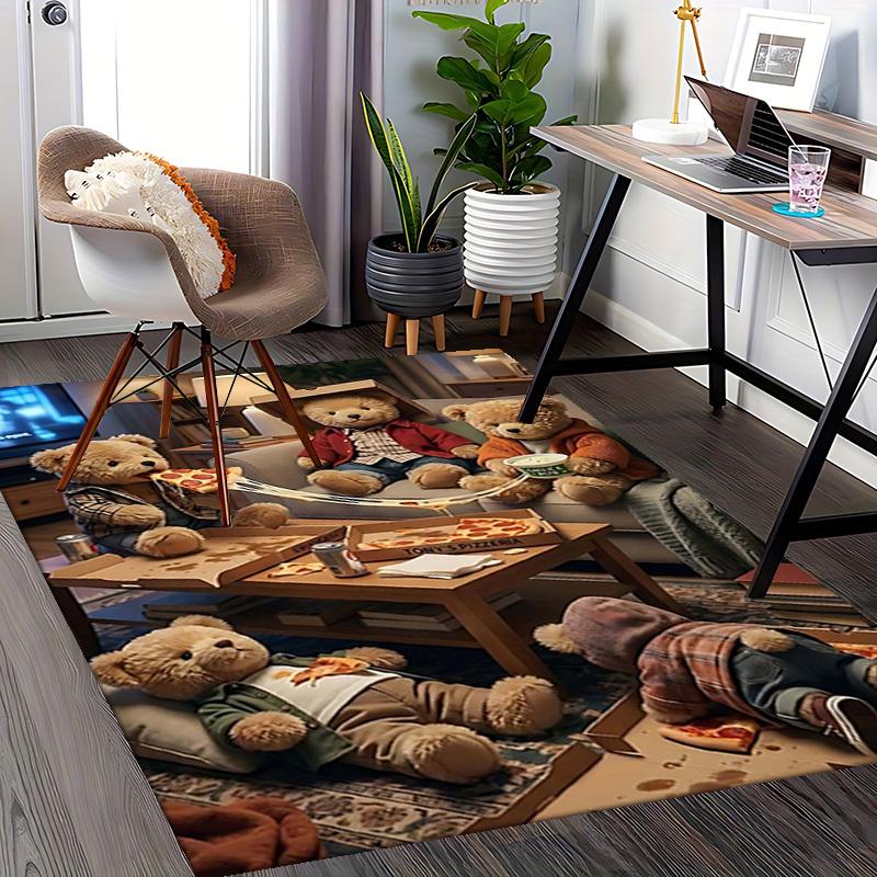 1pc Teddy Bear Pizza Party Chair Mat - Anime Cartoon Design Office Desk Pad for Home Decor, Seasonal Gift, Non-Slip Rug Suitable for Office, Living Ro