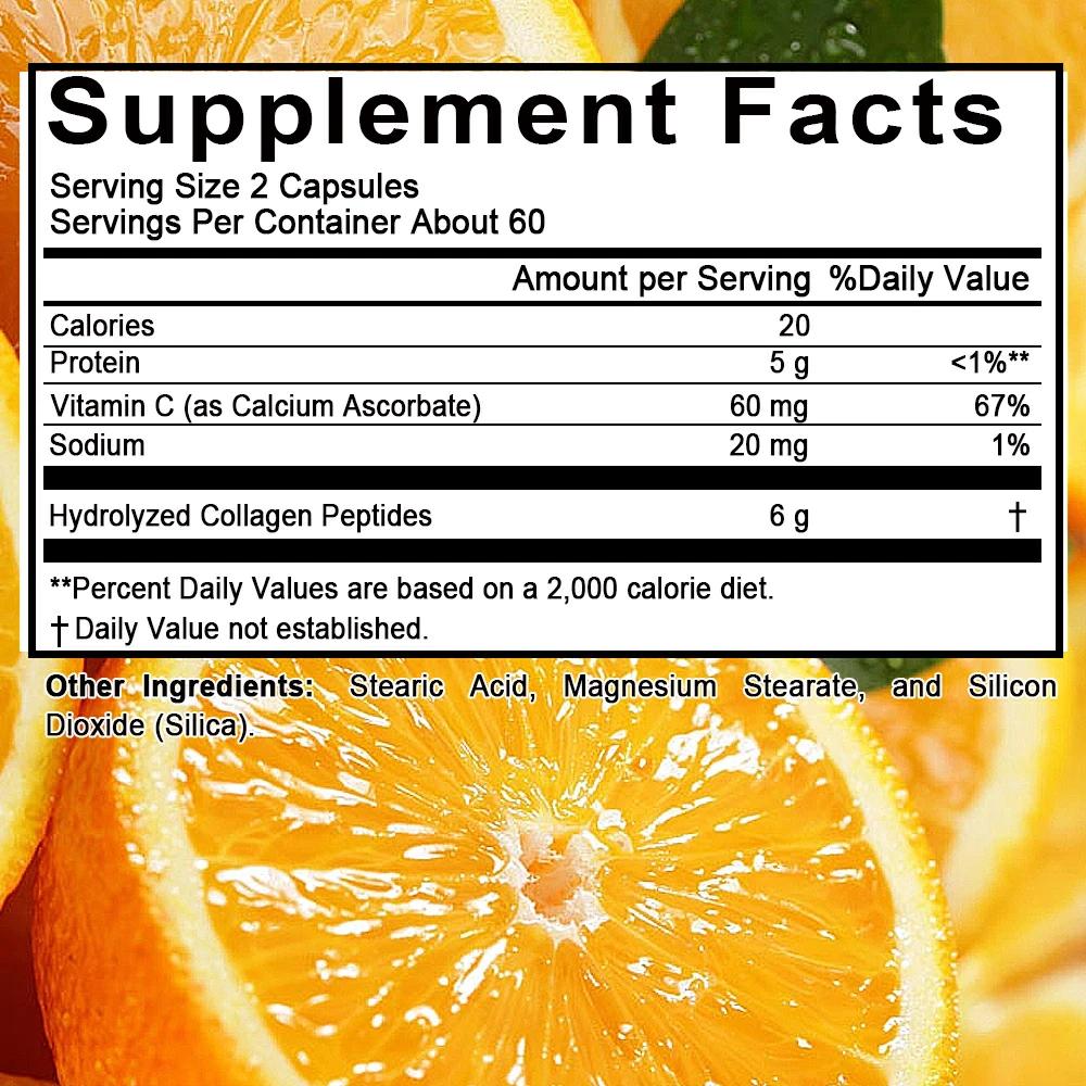 Bcuelov hydrolysiertes Kollagen Vitamin C Kapseln Kollagenpeptide kombiniert mit Vitamin C in USP-Qualität zum Schutz der Haut-, Haar- und Nagelgesundheit