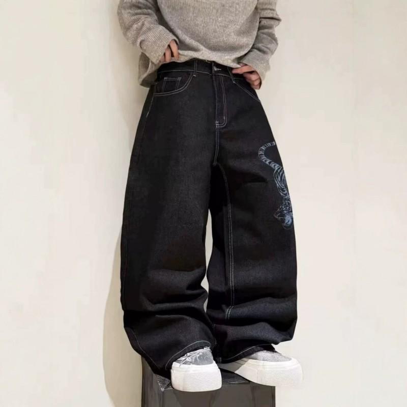 2026 High-Waisted Loose Straight Leg Denim Jeans Men Print Design Casual Streetwear