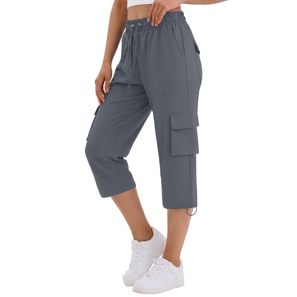 Women Casual Solid Color Loose Fit Sport Cargo Capri Pants with Elastic Waist and Adjustable Drawstring for Outdoor Activities