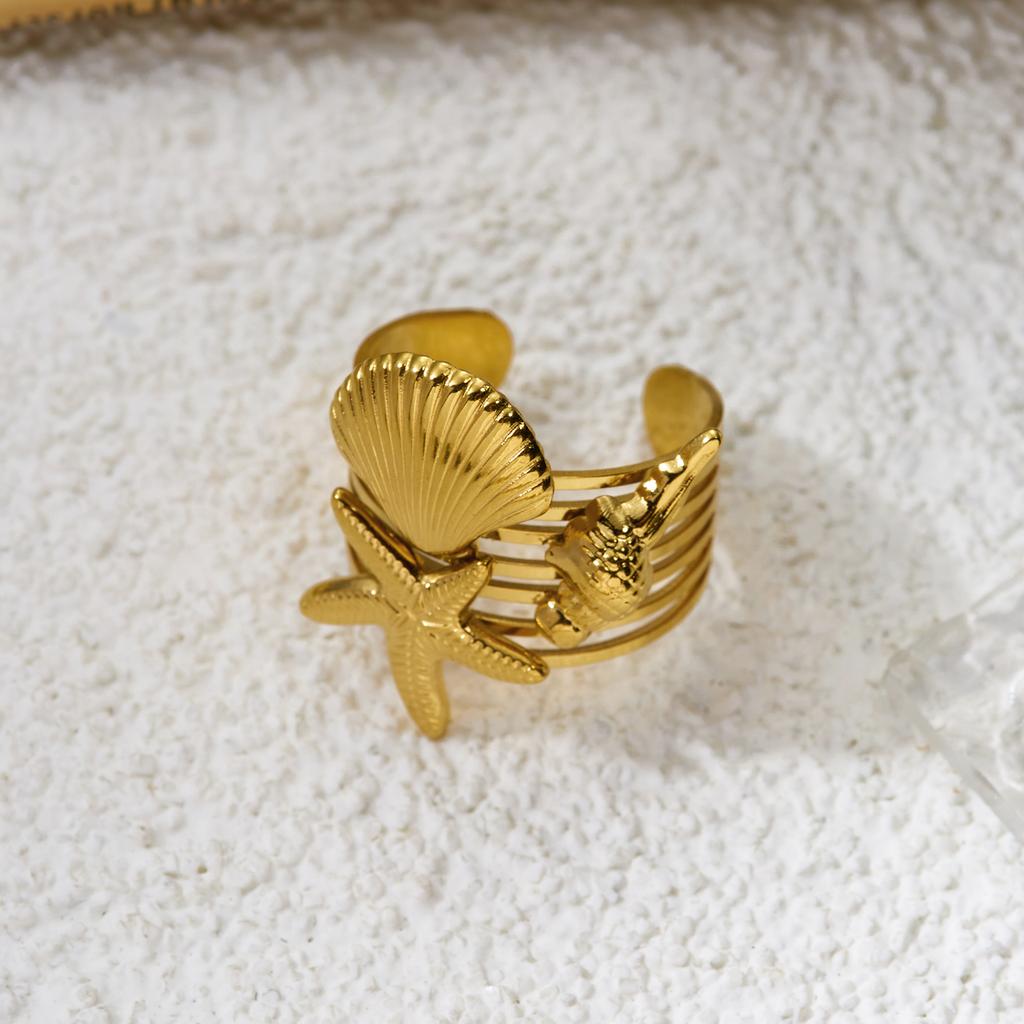 Bohemian Stainless Steel Gold Plated Starfish Scallop Ring for Women Wide Band Nautical Summer Vacation Party Jewelry Gift