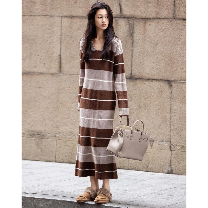Demana Retro Striped V-Neck Long Sleeve Midi Dress