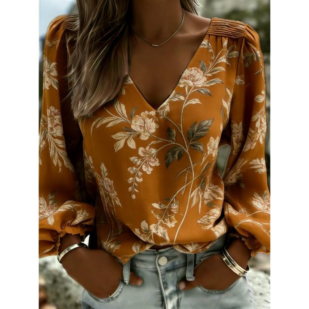 Retro western-style printed lantern sleeves, V-neck women's long-sleeved shirt, comfortable and skin-friendly