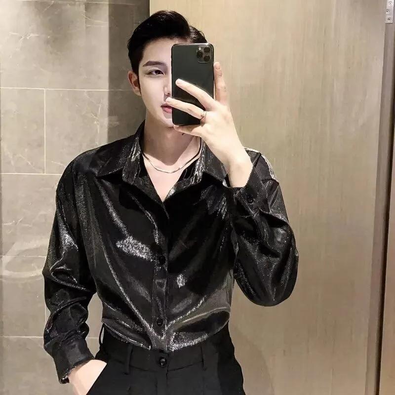 

Men s Spring/Fall Long-Sleeve Shiny Shirt Youthful Pointed Collar Contrast-Color Stylish Shirt XXXL сірий
