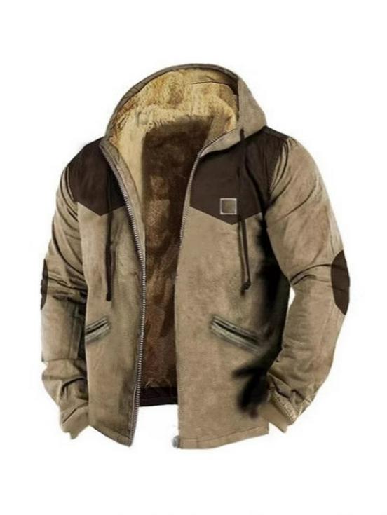 Retro Męska Zimowa Kurtka Bawełniana z Podszewką z Polarowego Materiału z Kapturem i Zamkiem Błyskawicznym