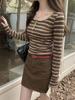 Women's Coffee Striped Button-Up T-Shirt: New Autumn/Winter, Low U-Neck, Slim-Fit, Brushed Fabric, Long-Sleeve.