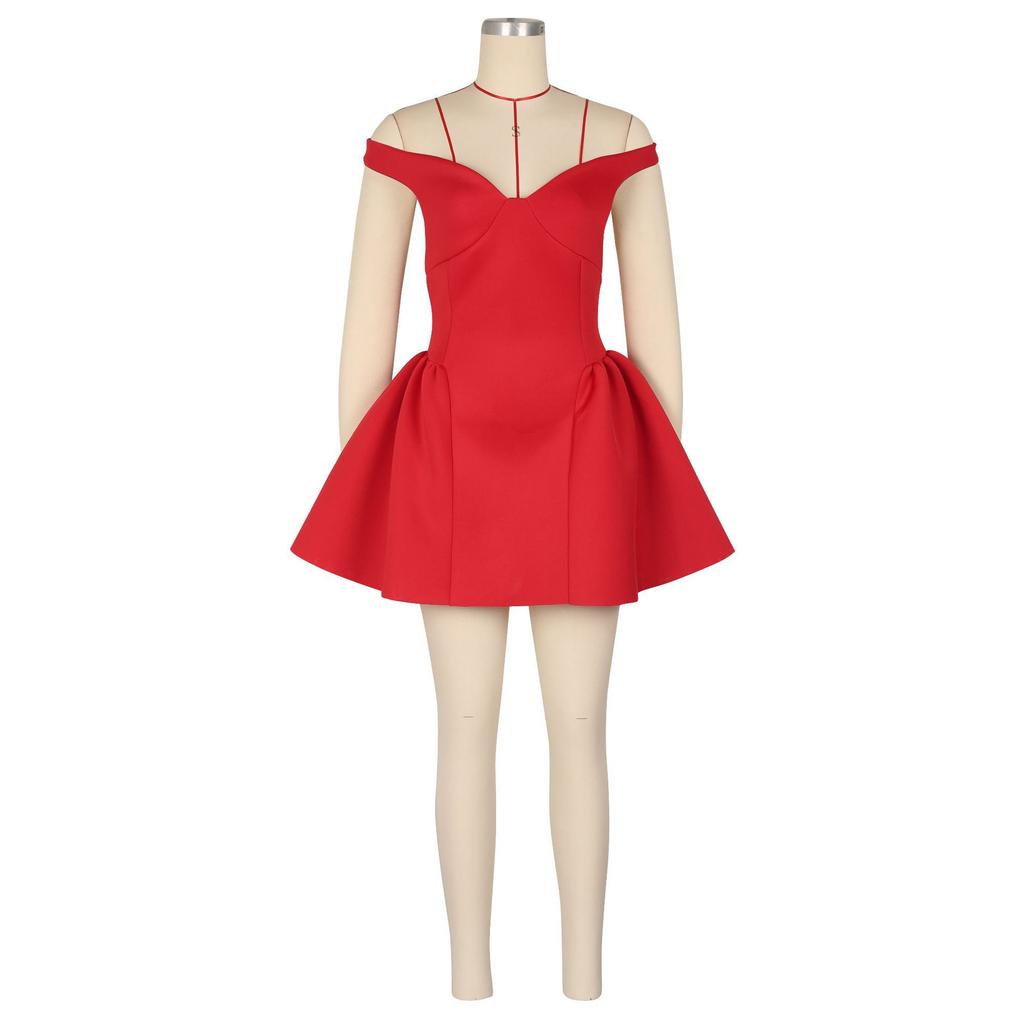 Women's Off Shoulder Deep V Neck Puffy Skater Mini Dress Ruched Waist Bodycon Sexy Summer Club Night Cocktail Party Dress