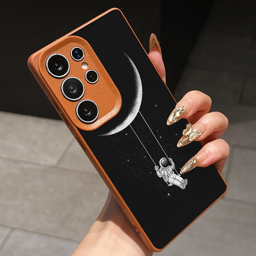 Samsung A07 Xiaomi Redmi 13C 14C for iPhone 17 Pro Max Infinix Realme Phone Cases Soft brown Leather pattern TPU Case NY60 space astronaut skate moon