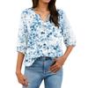 Women's Fashion Printed Henley Button Neck Shirt Three Quarter Sleeve Cotton Linen Blend Casual Top