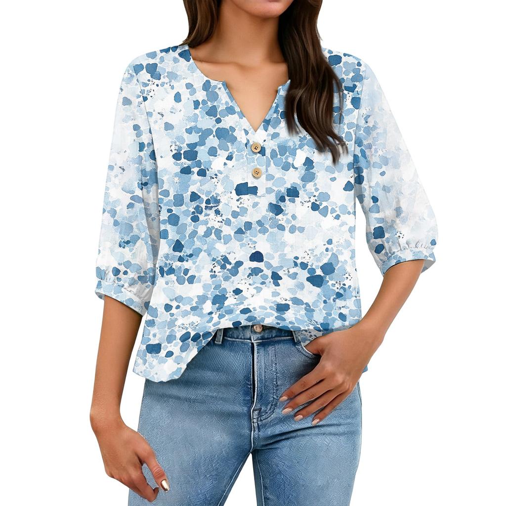 Women's Fashion Printed Henley Button Neck Shirt Three Quarter Sleeve Cotton Linen Blend Casual Top