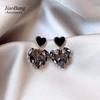 Silver Needle Black Light Luxury Diamond Heart Earrings - Fashionable High-End Classic Design for Women