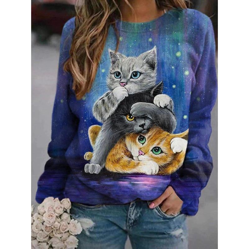 Modne damskie T-shirty z okrągłym dekoltem, z nadrukiem 3D uroczego kota, z długim rękawem, casualowe