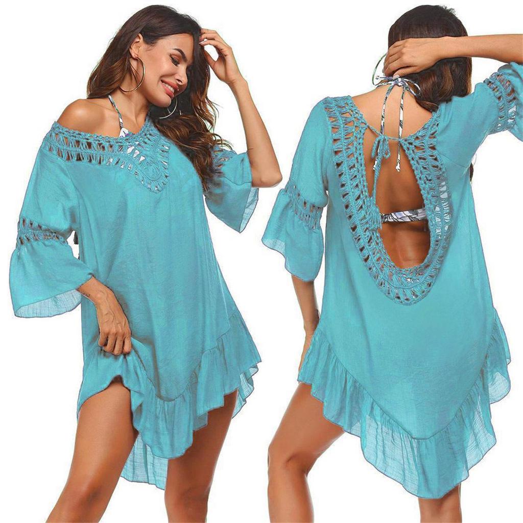 Hand-Knitted Bamboo Cotton Patchwork Crochet Beach Dress with Large Open Back