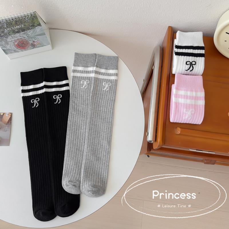 Children'S Long Socks Spring And Summer Girls' Bow Princess Skirt Paired With Knee High Sock Striped High Tube Cotton Socks