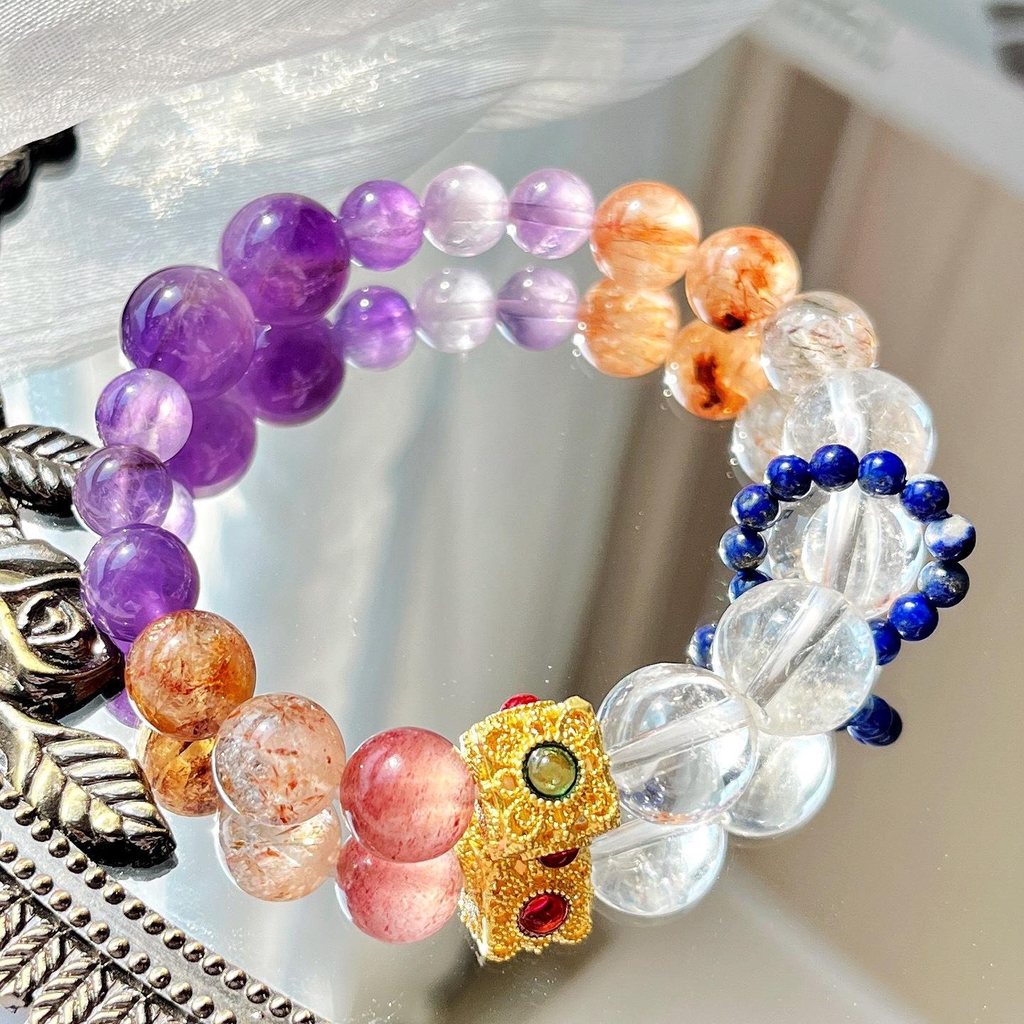 Design Sense Natural Black Gold Super Seven Amethyst White Crystal Lazuli Bracelet Bracelet