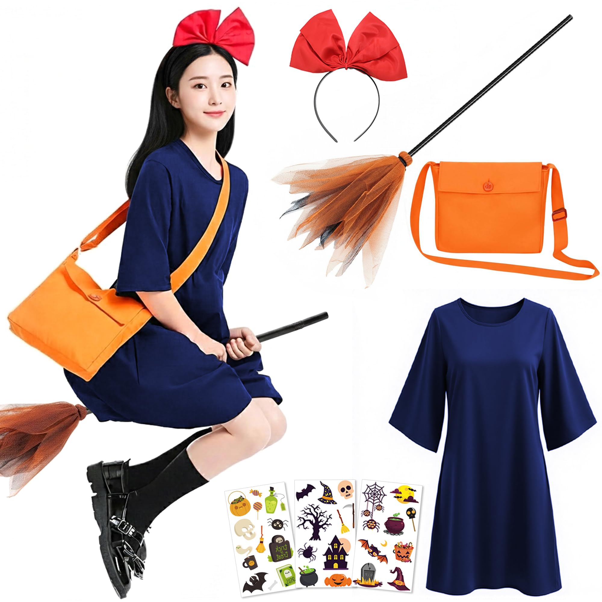 

COZENRE Косплей Кики-ведьмочки Костюм на Хэллоуин Повязка на голову Платье Сумка Метла 3 Набор на Хэллоуин для женщин и Милый и Милый Костюм ведьмочки-доставщицы для сцены синий