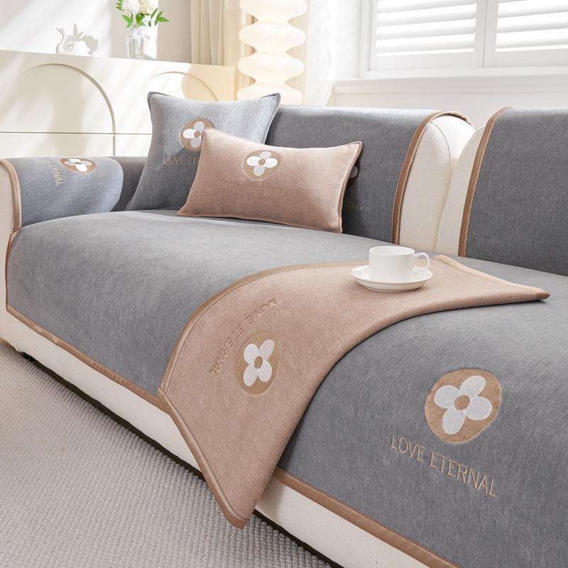 Baby Velvet Embroidered Sofa Cushion  New Four-Season Universal Non-Slip Seat Cushion Straight Row Sofa Armrest Cover