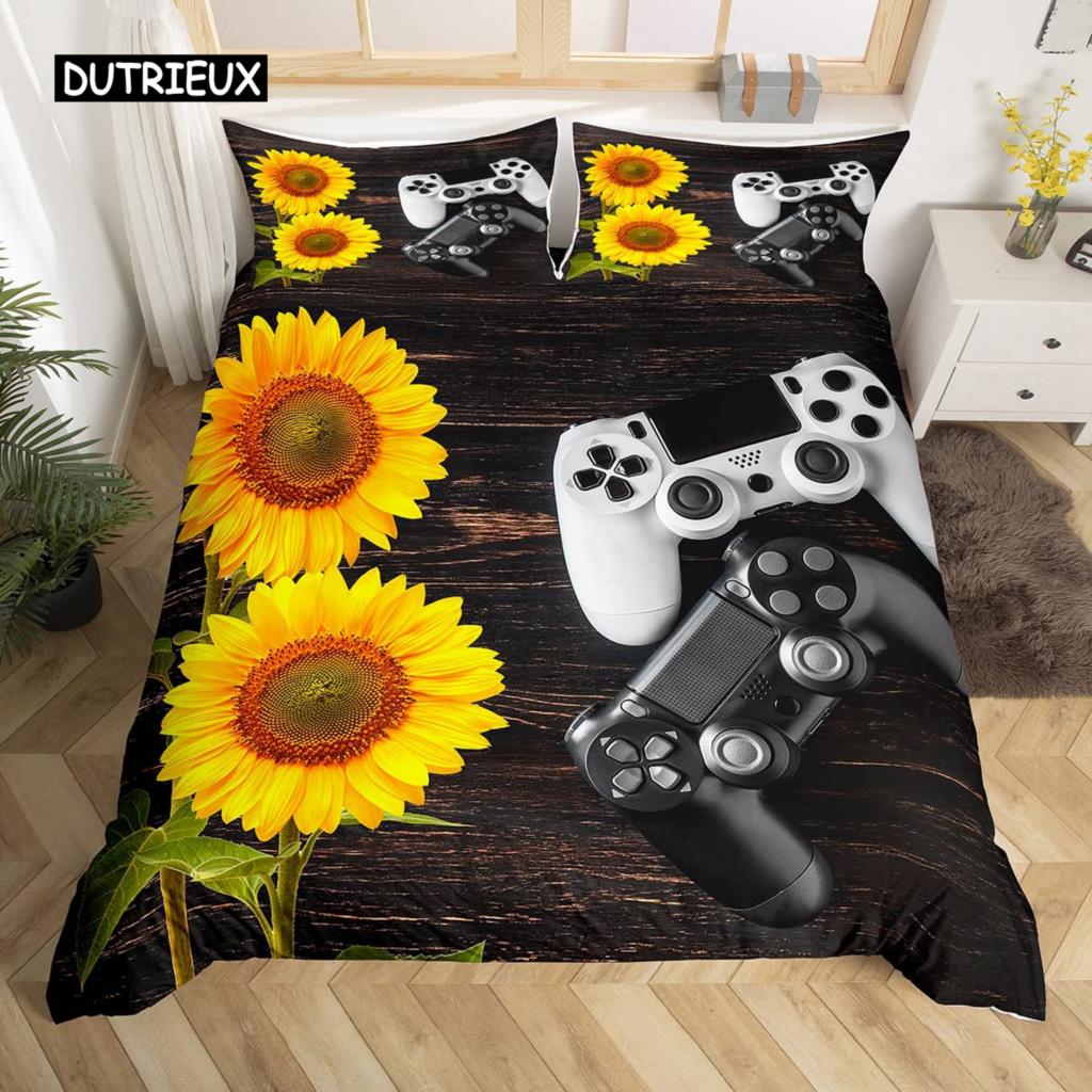 Gamepad Duvet Cover Set Queen Video Game Twin Bedding Set Microfiber Green Cartoon Gamer Pattern Electronic Theme Quilt Cover