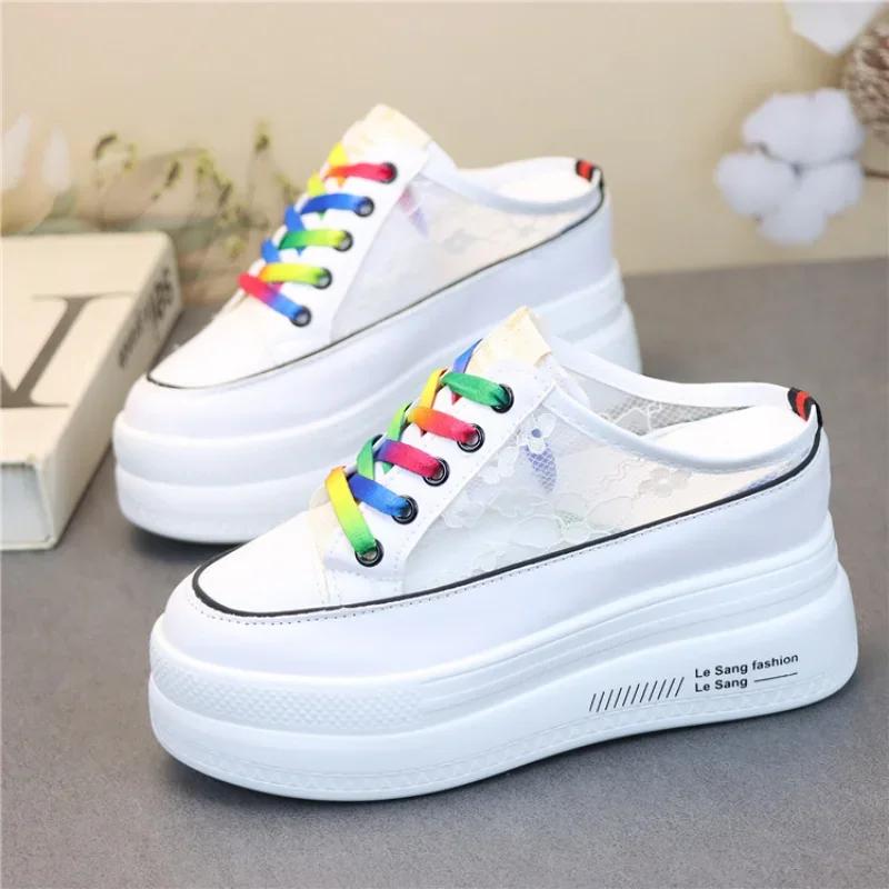 Fashion Summer Thick-soled Inner Heightening Half-drag Canvas Shoes Women's Muffin  A Pedal Lazy Shoes Women Casual Breathable Slippers
