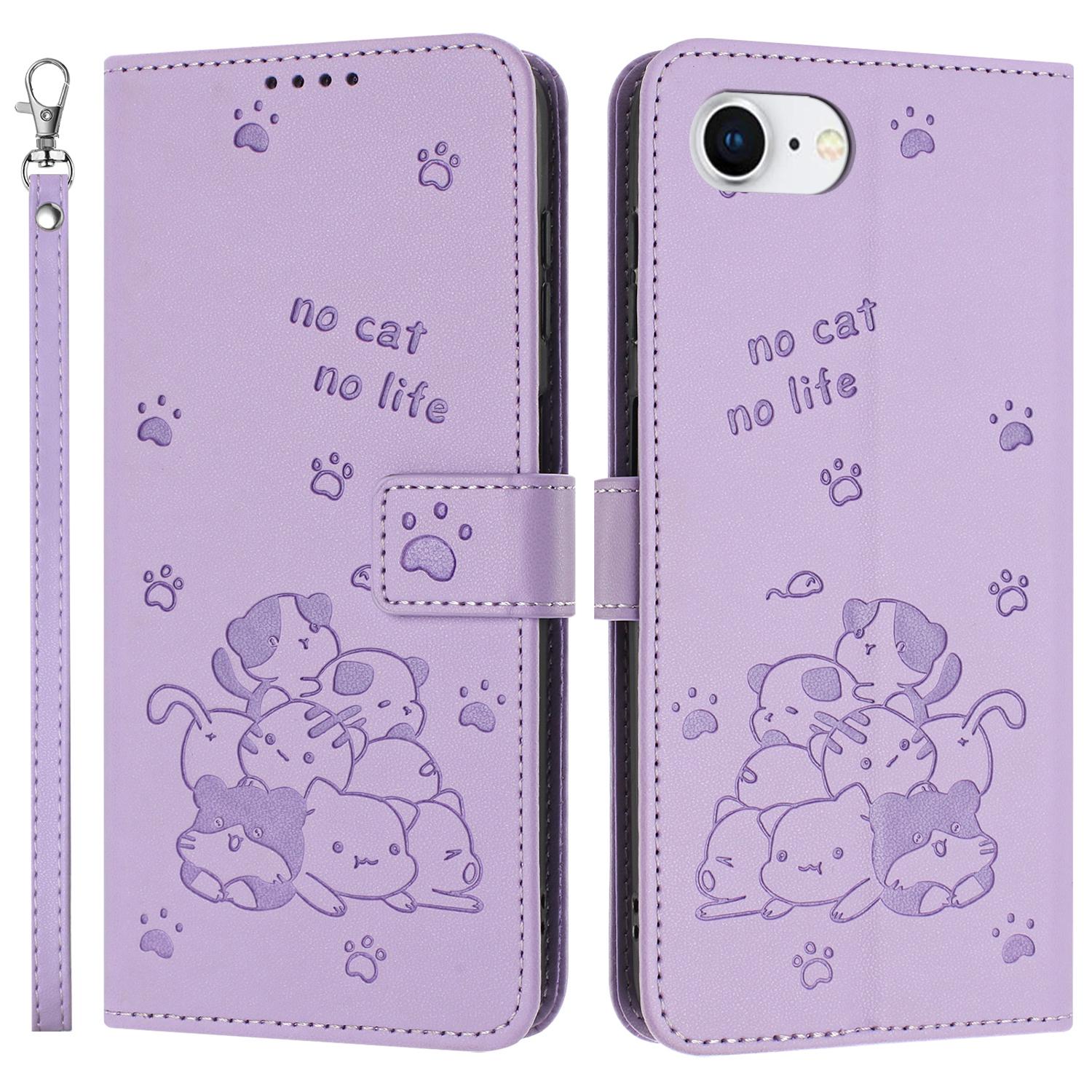 For iPhone 16e Case with Strap Cats Imprint Leather Wallet Phone Cover A