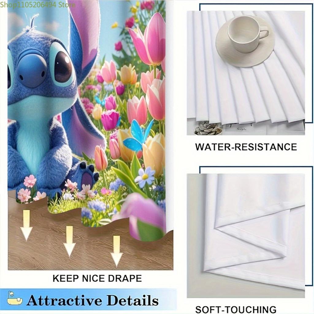 Stitch Cartoon Shower Curtain, Adorable Garden Scenery Design with Butterfly Patterns, Romantic Bathroom Decor in Vibrant Colo