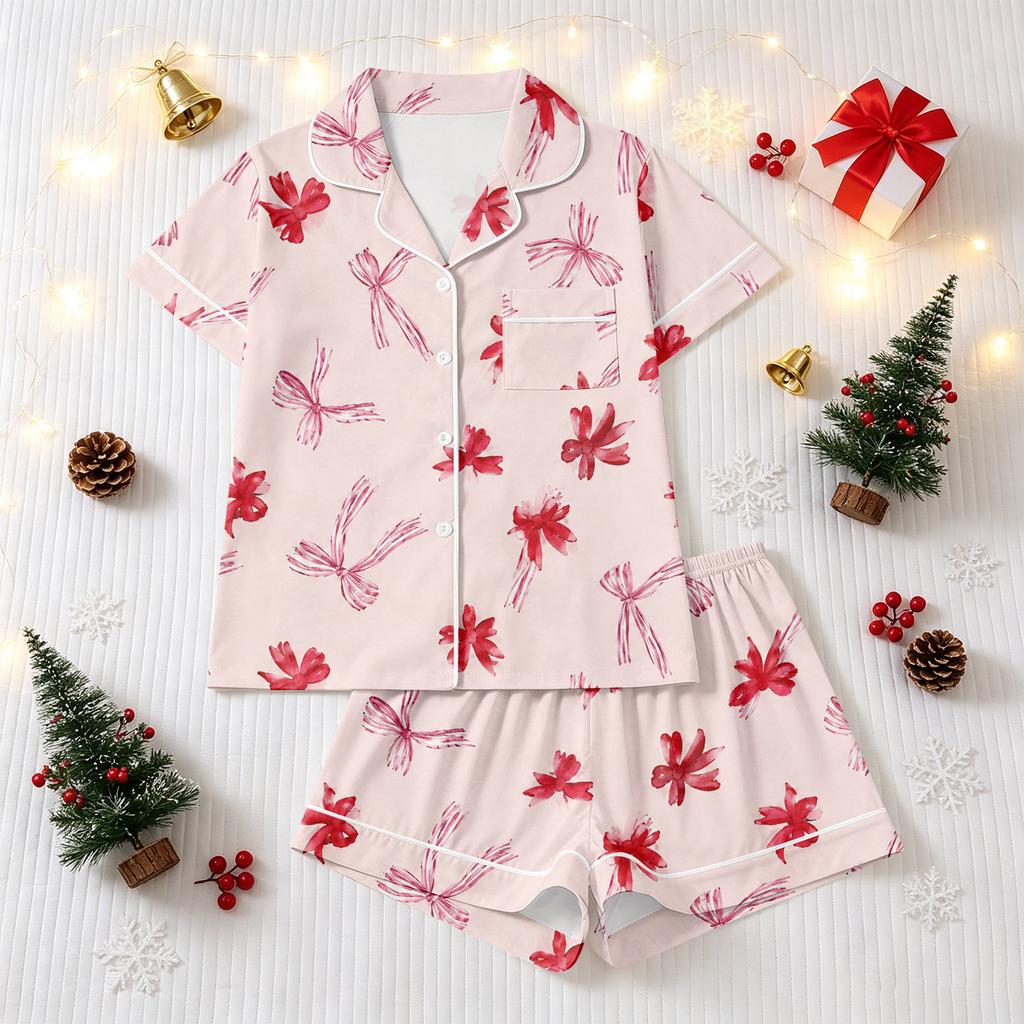 Women's Christmas Pajama Set Short Sleeve Button Down Shirt and Shorts Sleepwear