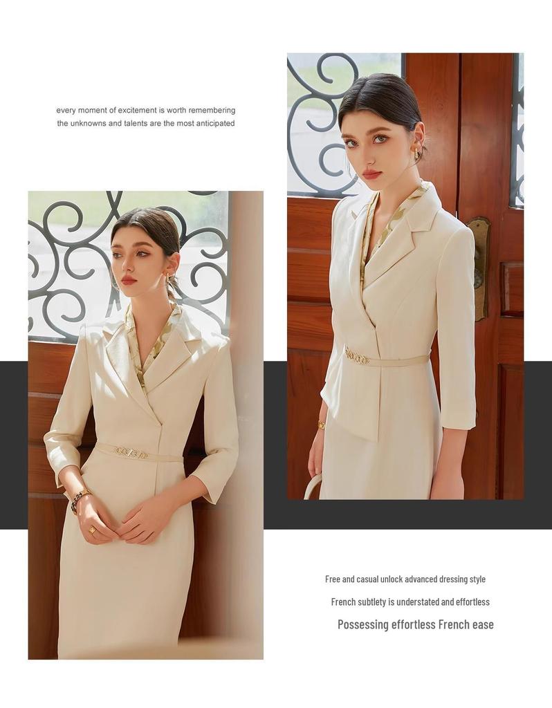 Nine-Sleeve Pleated Two-Piece Professional Dress - Spring/Autumn Style