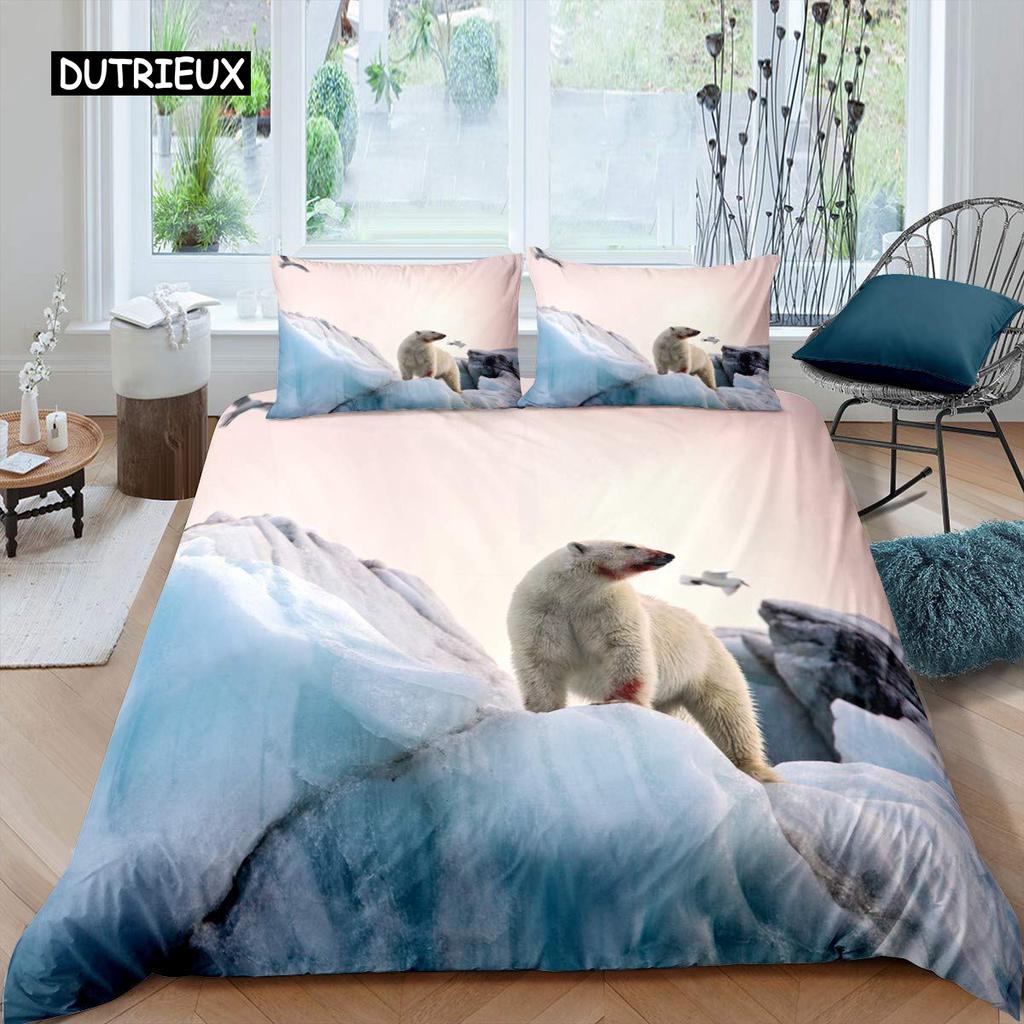 סט ציפה לפוך דובי קוטב מידה קווין סט מצעים דובי קוטב דוגמת חיה כיסוי לפוך מודפס בדוב למבוגרים בני נוער ילדים