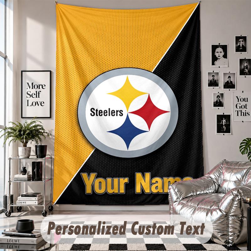 Wall Hanging Tapestry With Custom Name & Text, Pittsburgh Steelers Decorative Tapestry For Bedroom