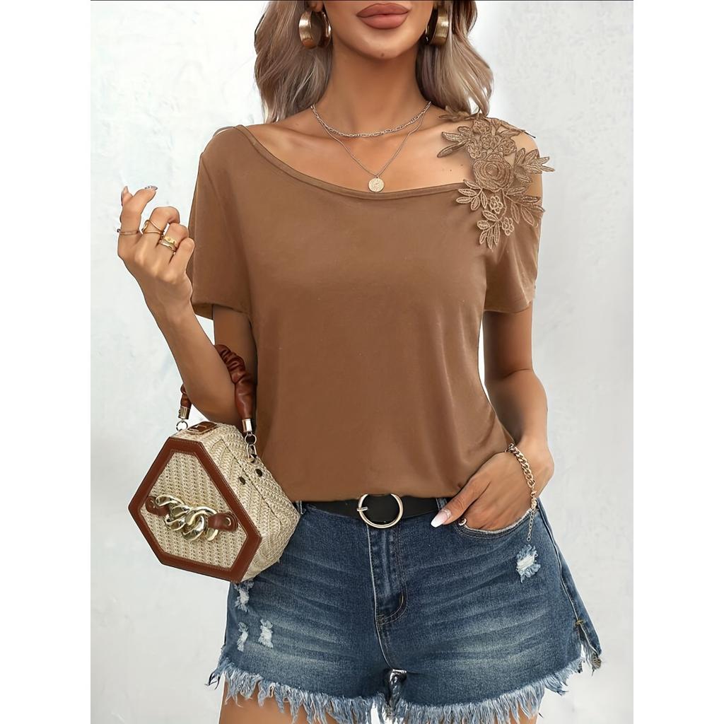 Women's Off Shoulder Short Sleeve Lace Top Loose Fit Streetwear Floral Applique Knit Tee