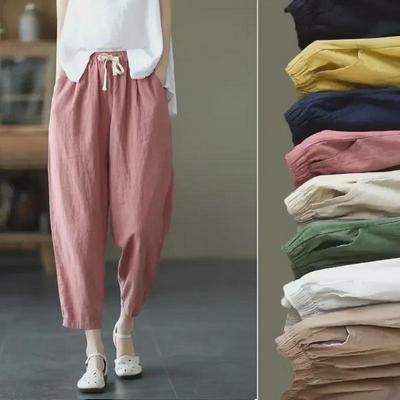Pantalones Zanahoria de Algodón Lavado y Lino para Mujer - Ajuste Casual Holgado, Estilo Retro