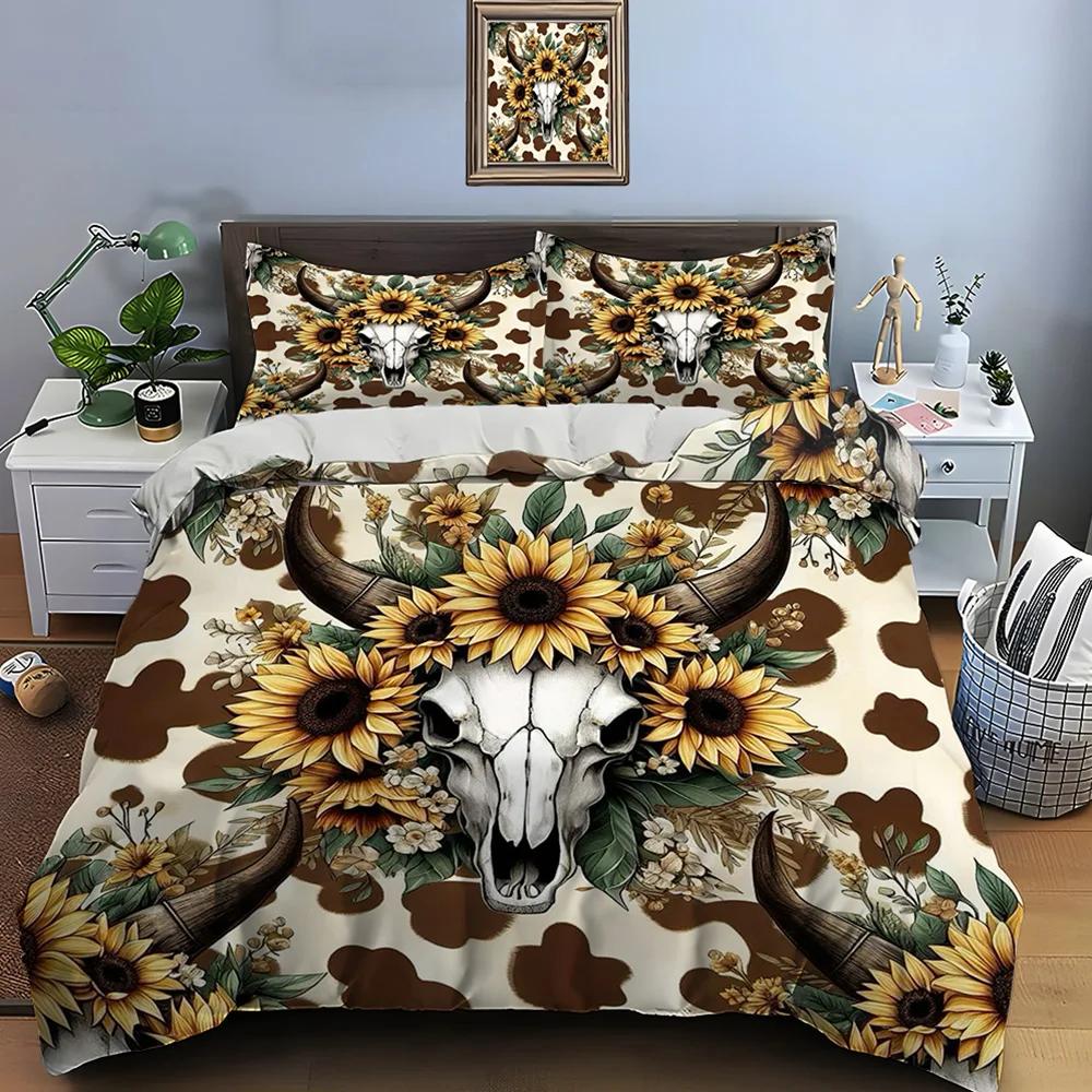 Native American Cattle Skull Art Print Bedding Set Duvet Cover 1 Duvet Cover 2 Pillowcases Adult and Kids Bedding Set Luxury