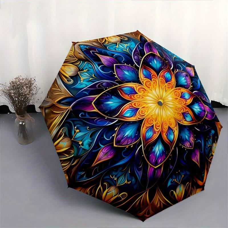 Mandala, Abstract Art Automatic Folding Umbrella  Simple Eight Rib Design, Bright Color Pattern, Durable Iron Frame, Ideal for Travel and Ou