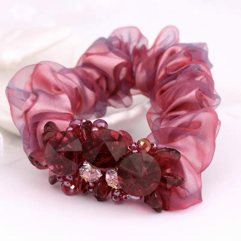 Eleganti scrunchies in tessuto floreale con cristalli per donne e ragazze, elastici per capelli, accessori per legare i capelli, anello per capelli, corda, copricapo
