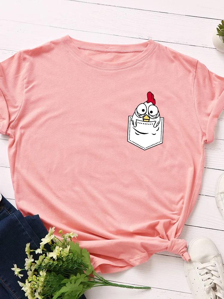 Pocket Chick Print Women T Shirt Short Sleeve O Neck Loose Women Tshirt Ladies Tee Shirt Tops Clothes Camisetas Mujer