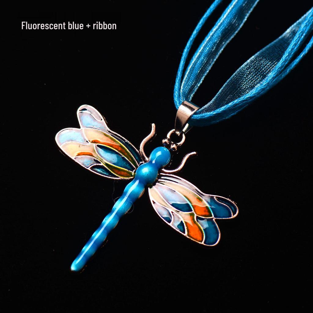 Silver Dragonfly Necklace with Luminous Butterfly - Retro Forest-Inspired