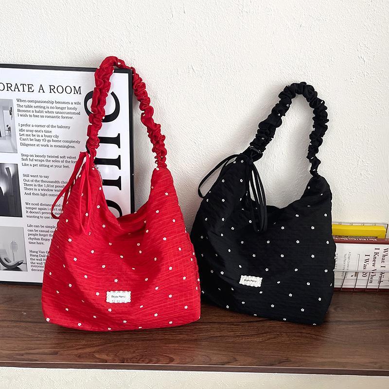 Red Floral Canvas Shoulder Bag Adjustable Ruffled Strap Large Capacity For Commute Shopping Travel