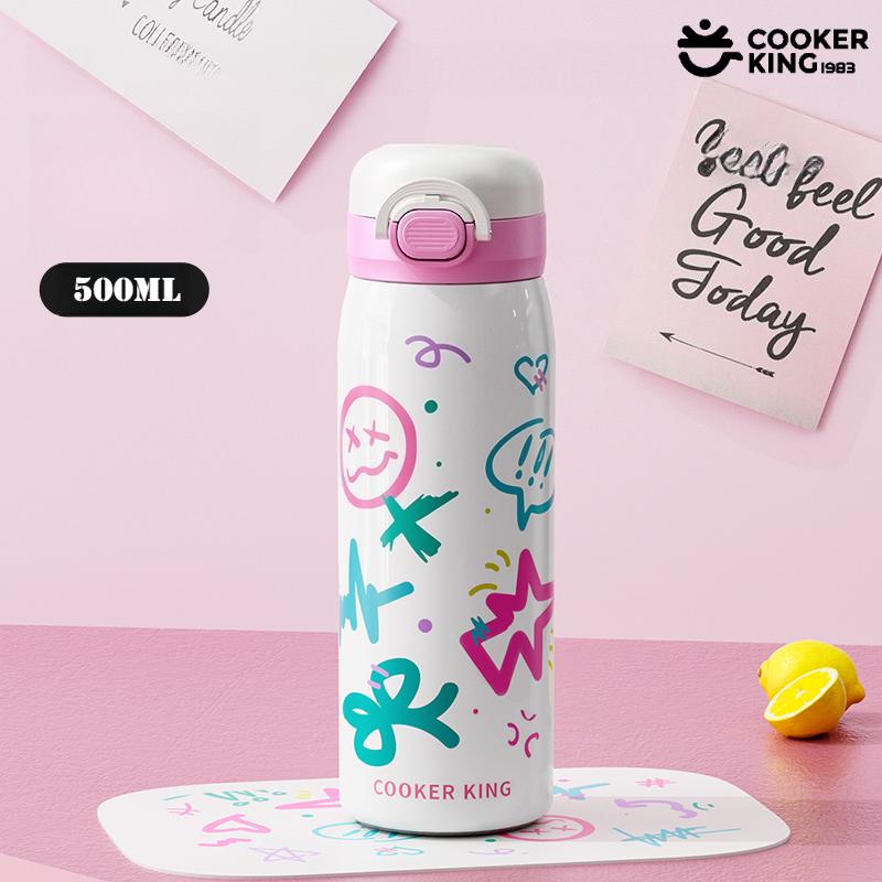 

500ML 316/304 Stainless Steel+PP Material Graffiti-style Vacuum Cup Cute and Portable Straw Cup Water Bottle Flask 500ml белый
