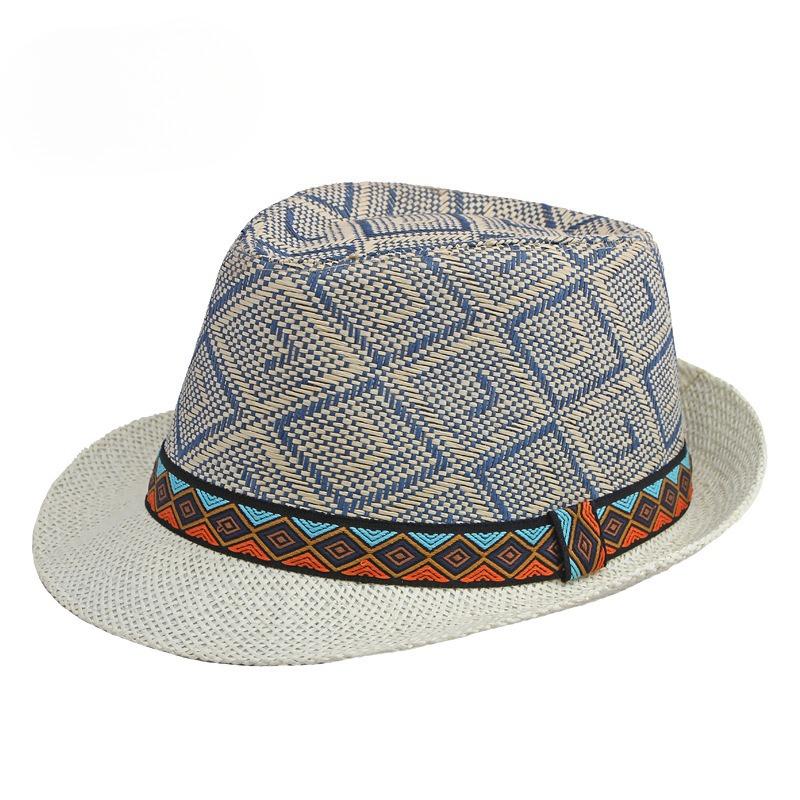 British Retro Straw Fedora Hat for Men Women Summer Sun Protection Jazz Hat Geometric Woven Beach Cap Fashion Ethnic Trilby Hat
