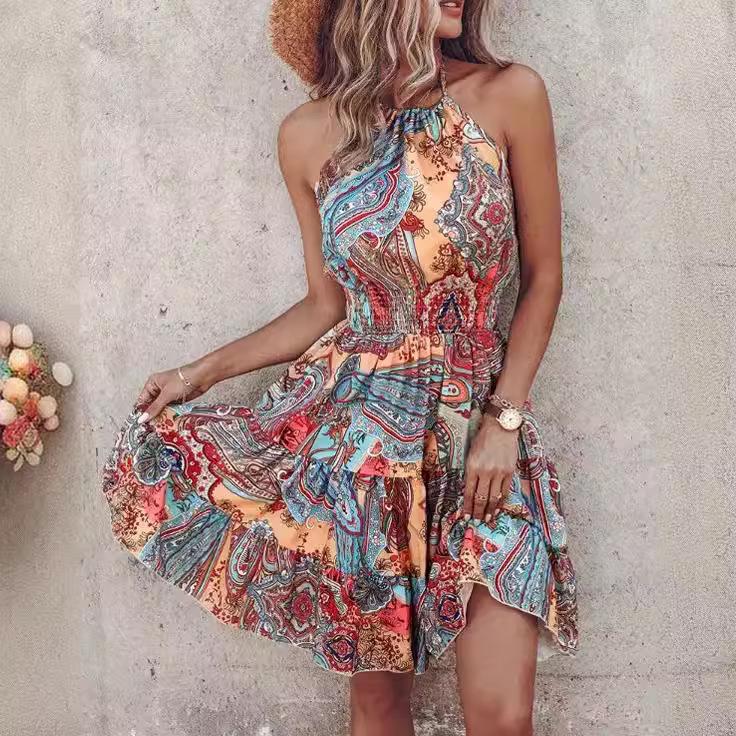 Summer European and American new printed neck dress women