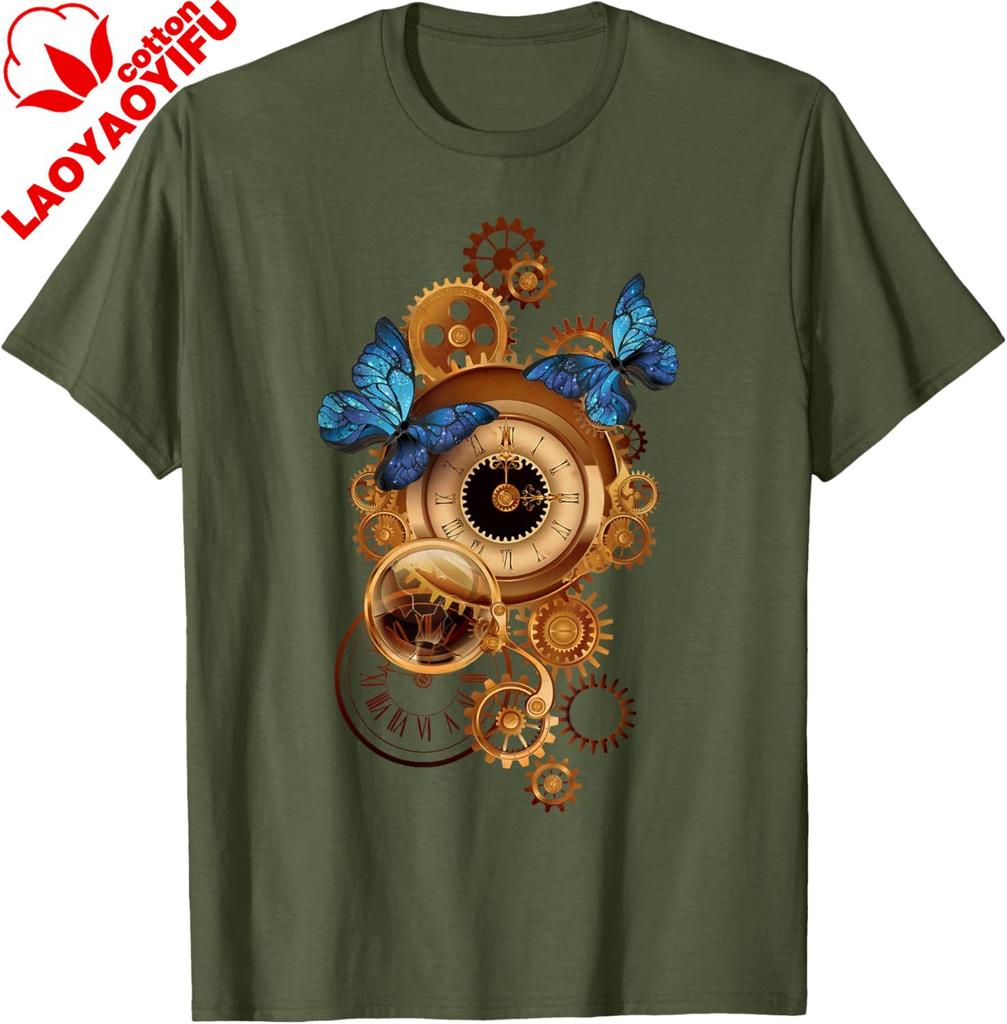 Steampunk Clock Gear and Butterflies Vintage Retro Aesthetic TShirt Unisexs Casual Funny Plus Size Printed Tee Womens Clothing