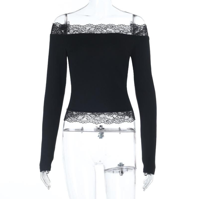ins lace one-word shoulder pure desire top autumn and winter new Spice Girl long-sleeved European and American versatile top