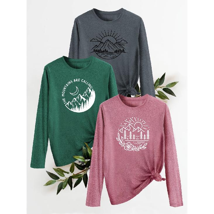 Three-piece Set Mountain and Forest Natural Print Fashion Retro Style Women's Casual Sports Top with Round Neck and Long Sleeves T Shirt