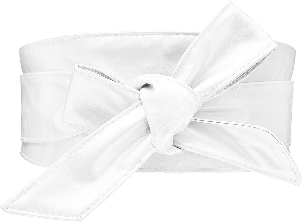 Woman Wide PU Leather Belt Obi Belt Self Tie Cinch Belt Wrap Around Bowknot Waistband Bright for Dress