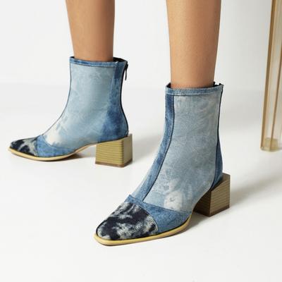 European and American Martin Boots Women's Color Matching Medium Heel Zipper Square Heel Autumn and Winter Pointed Low Short Boots Boots